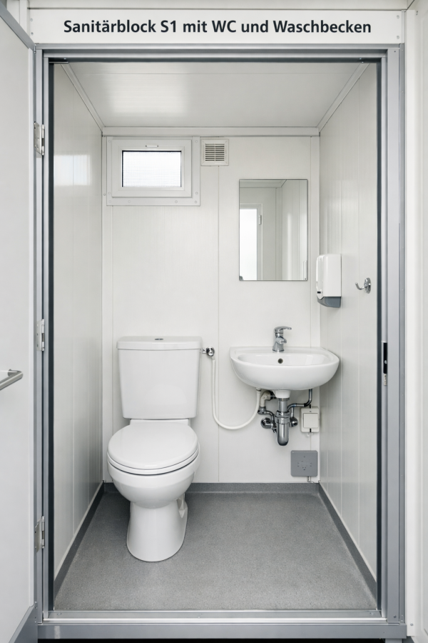 Sanitärblock S1 mit WC und Waschbecken“ Bild Sanitärblock S1 mit Toilette und Waschbecken – Solution Hygiénique ...