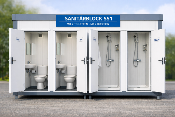 Fertig-Sanitärblock SS1 – 2 Toiletten 2 Waschbecken – Solution Hygi...