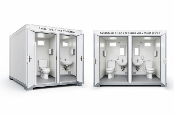 Fertig-Sanitärblock SS1 – 2 Toiletten 2 Waschbecken – Solution Hygi...
